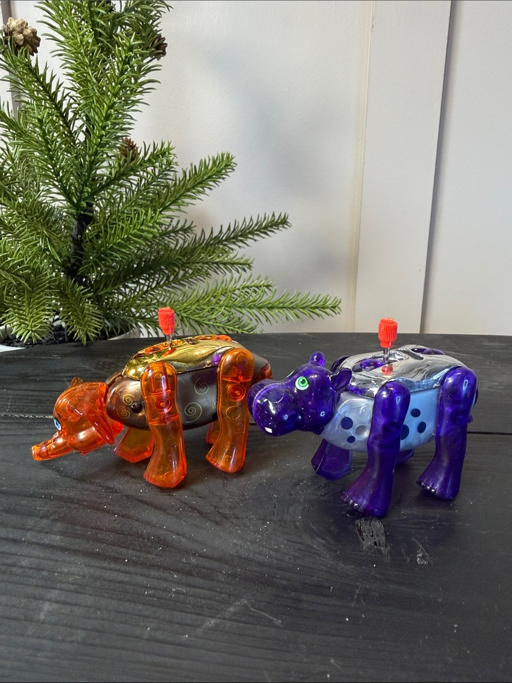 Pair of Vintage Wind-Up Hippo Toys - Orange & Purple